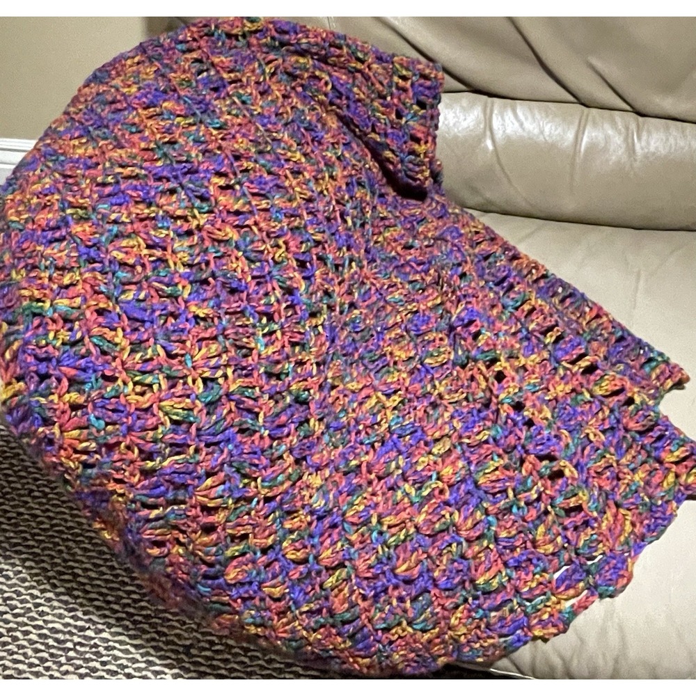 Handmade Multicolor Afghan Crochet Sofa Throw Blanket Grannycore Boho 46" x 60"